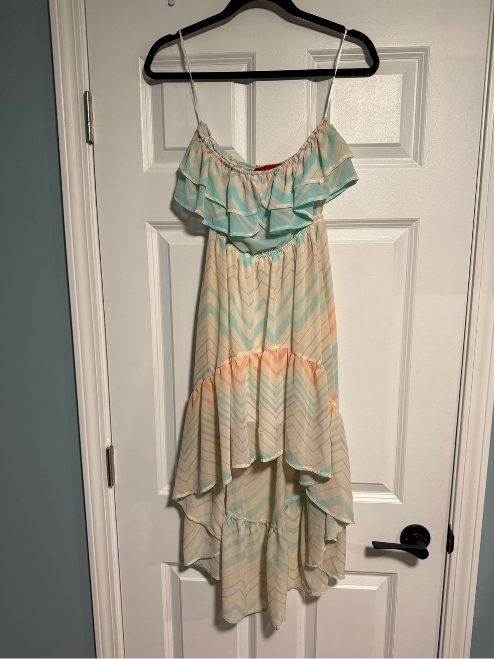AKIRA Chevron Ruffle High-Low Maxi Dress - Mint, Peach & Cream
